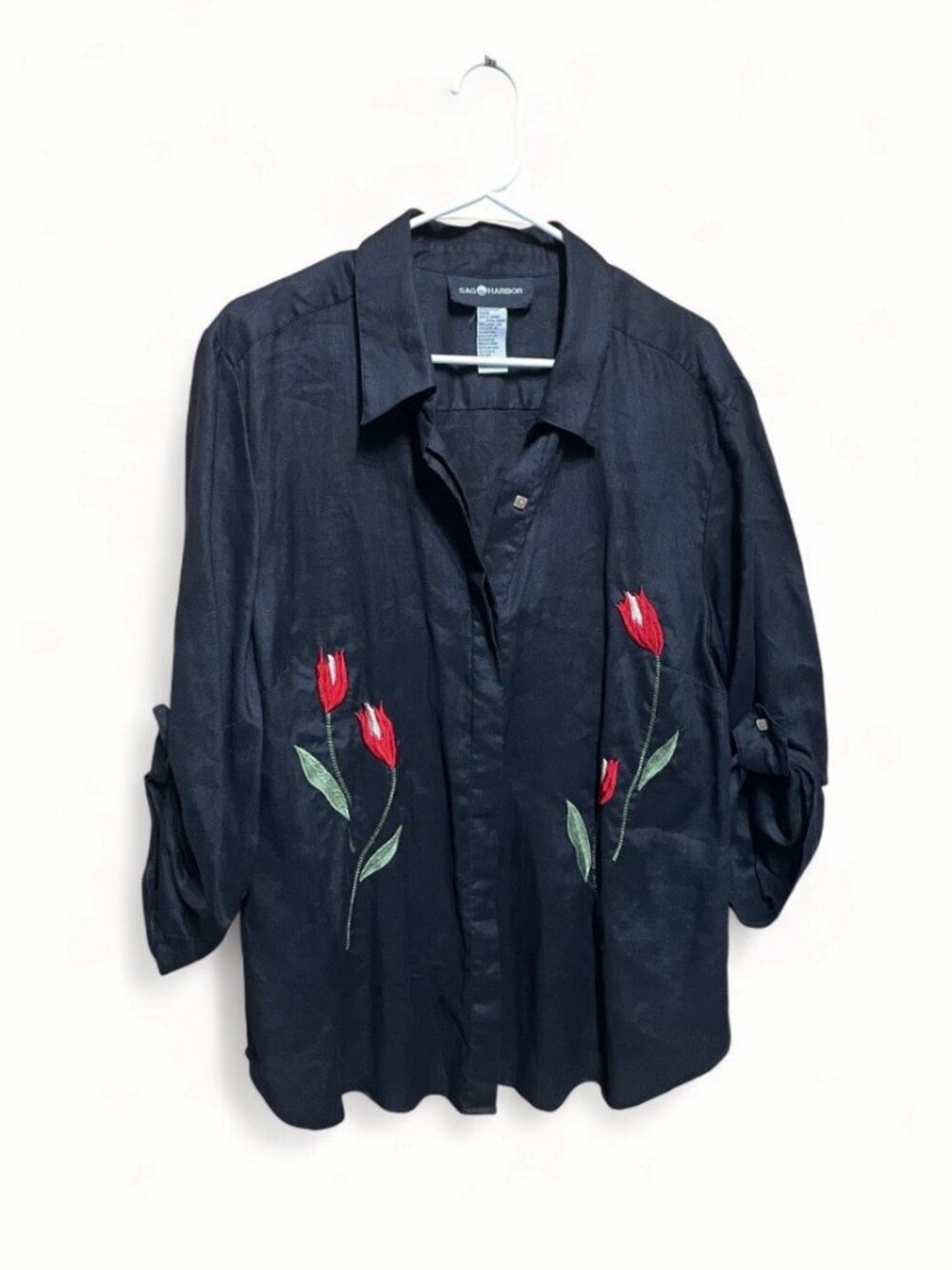 Vintage Sag Harbor 100% Linen Embroidered Shirt Black Button Down Top Tulips, XL